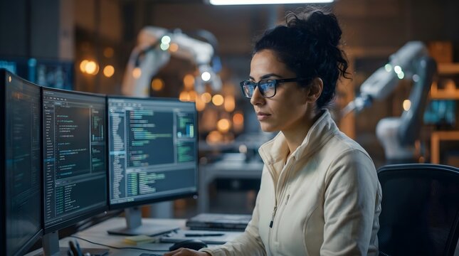 Focused female software engineer programming complex code on multiple computer monitors in a modern industrial laboratory