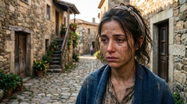 Portrait of a despondent, tearful civilian woman with dirt on her face, standing in a historic stone village street affected by warfare.
