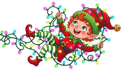 Fototapeta premium Playful elf entangled in colorful christmas lights cartoon illustration