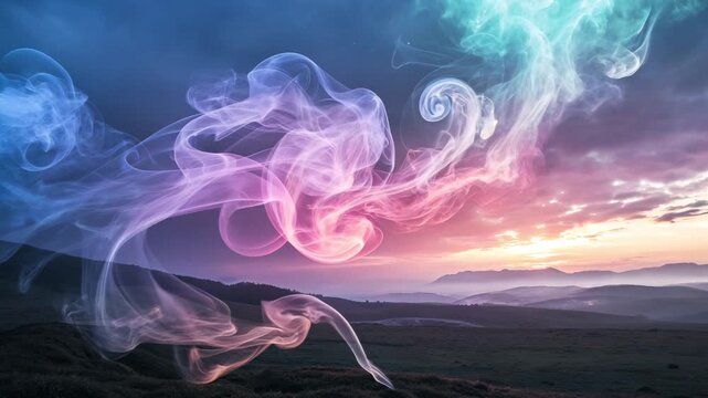 Colorful smoke swirling elegantly against a dramatic sunset sky with subtle cinematic motion