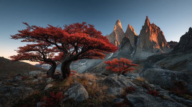 Windbent lenga beech trees in foreground with granite towers at sunset