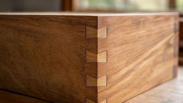 Two pieces of wood with an interlocking dovetail joint, woodworking craftsmanship.