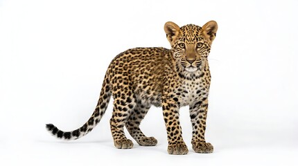 Obraz premium A high-quality wildlife portrait of a spotted leopard cub standing facing forward on an isolated white backdrop.