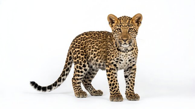 A high-quality wildlife portrait of a spotted leopard cub standing facing forward on an isolated white backdrop.