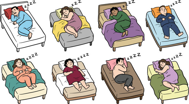 Diverse people sleeping in bed vector set with cartoon characters in various sleep positions snoring for mattress marketing and healthcare psychology designs