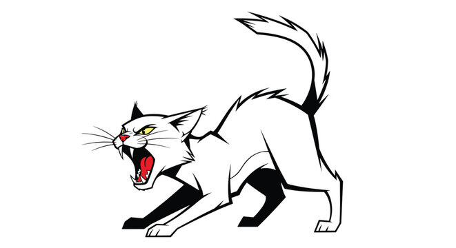 Aggressive white cat with arched back and hissing mouth showing sharp teeth in a protective or fearful pose against a white background.