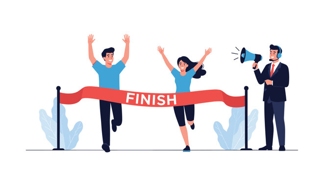 Male and female runners celebrate as they cross the red finish line tape during a race while an announcer speaks.