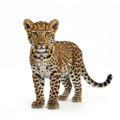 Naklejka premium An adorable wild leopard cub featuring distinct black rosettes looks forward on a seamless white studio backdrop.