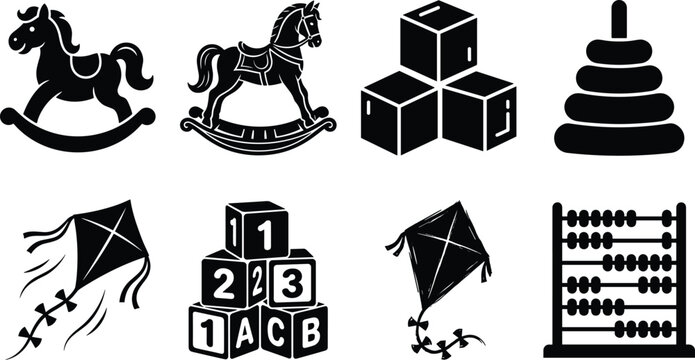 Baby toys and kids education icon vector bundle featuring rocking horses abc number blocks stacking pyramid kites and abacus