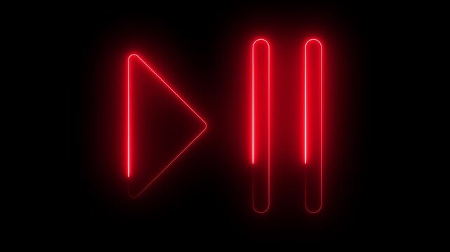Neon red play and pause button symbol glowing in dark background, digital media interface animation