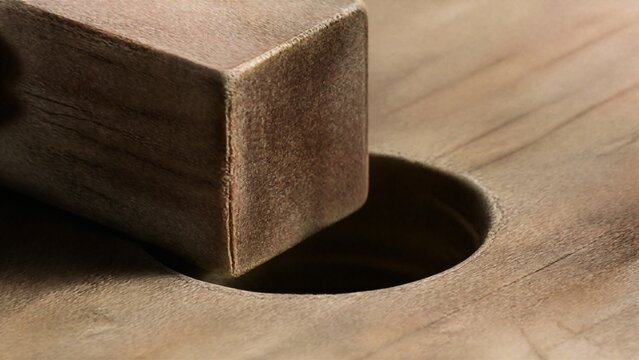 A square wooden peg attempts to fit into a round hole, showing worn edges.