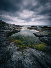 Fototapeta premium Rocky tidal pool reflecting overcast sky on Maine coast