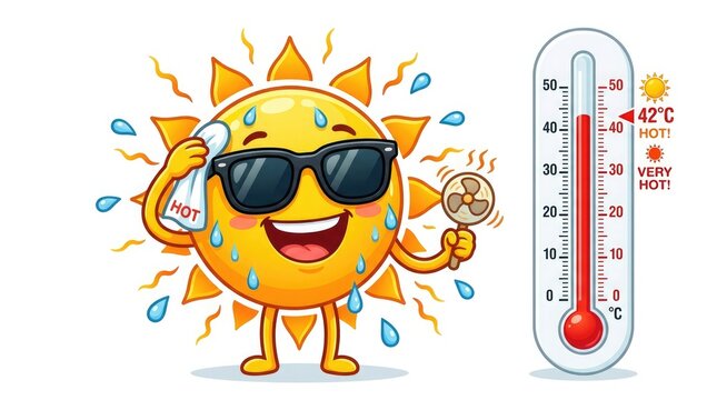 Cartoon sun character experiencing heat with thermometer