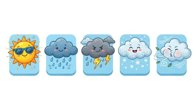 Cute kawaii weather icons set sunny rainy stormy snowy windy