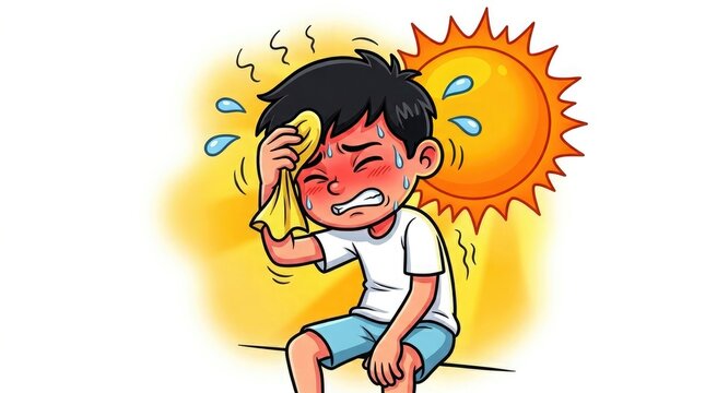 Overheated boy wipes forehead illustration of heatstroke and sun exposure