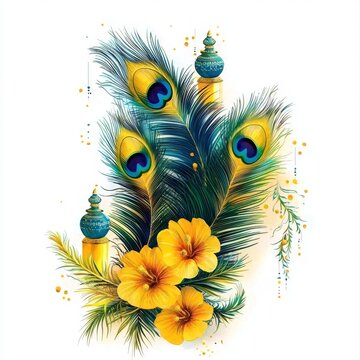 Showcasing the beauty of konna flowers and peacock feathers in art.