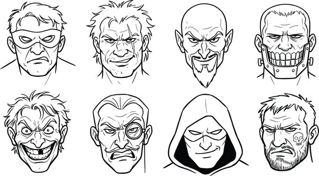 Hand Drawn Comic Book Villain Avatar Character Face Set Featuring Evil Men, Scars, Masks, Monocles, Hoods, and Dangerous Rogue Fighter Expressions