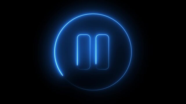 Neon blue glowing pause button with circular loading progress animation on black background