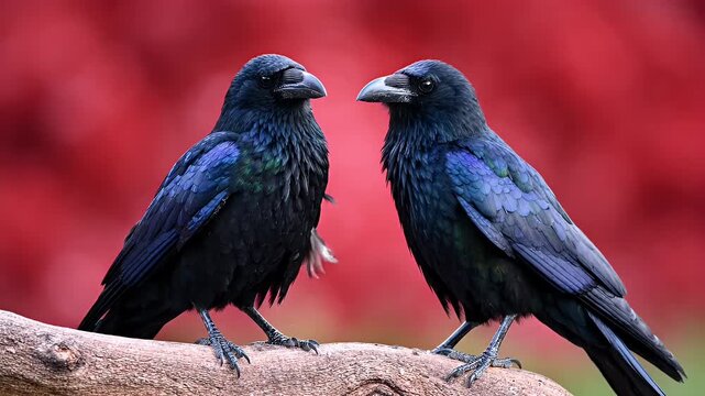 Two Black Ravens Interacting on a Branch Against Blurred Red Background - Two black ravens are perched on a wooden branch, with one appearing to speak or call out.