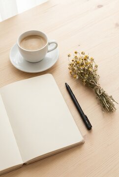 Coffee Cup Open Notebook Pen Wooden Table Morning Routine