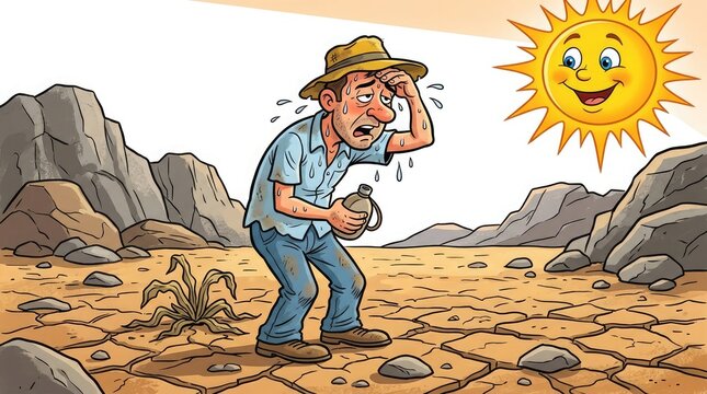 Man struggling with heat and dehydration in a desert landscape