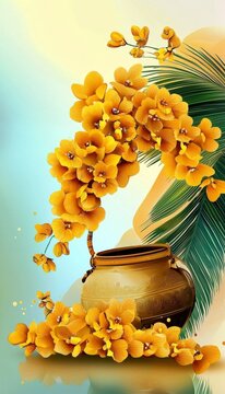 Cheerful Vishu greeting card design with bright yellow konna blooms.