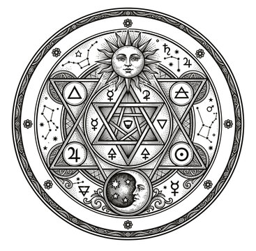 Vintage style illustration of an alchemical magic circle with occult symbols and sacred geometry, detailed engraving artwork