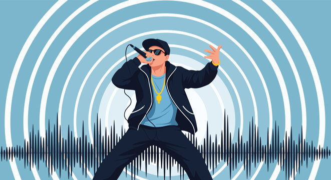 Energetic rapper performing with a microphone against a sound wave background represents urban music culture, hip hop festivals, and stage performance.