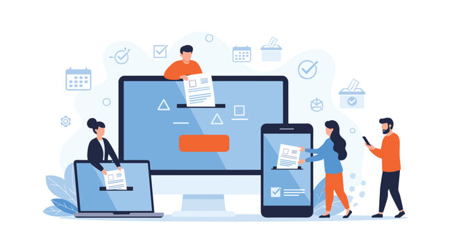Diverse people using digital devices to cast their votes online highlights modern electronic voting systems, technology, and democratic participation.