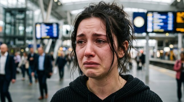 Tearful young woman crying in a crowded public transit terminal. Emotional distress, grief, or painful goodbyes in a busy airport or train station.