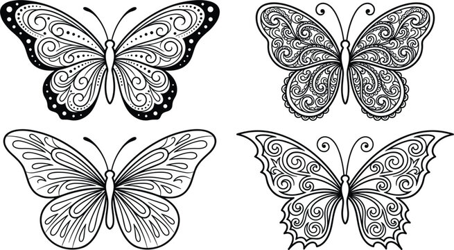 Intricate Butterfly Coloring Page Vector Set with Detailed Mandala and Zentangle Inspired Wing Patterns for Adult Therapy Activity and Craft Projects