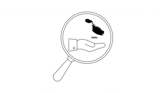 Magnifying glass over Malta map and open hand icon.