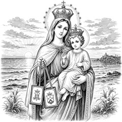 Our Lady of Mount Carmel (Virgen del Carmen) holding baby Jesus and brown scapular. July Catholic feast patroness of sailors. Vintage engraving monochrome illustration with sea landscape