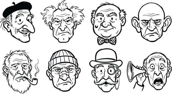 Hand Drawn Elderly Character Face Outlines Pack with Vintage Quirky Men Avatars Mad Scientist Sailor Gentleman Rogue and Hearing Impaired Senior Concepts