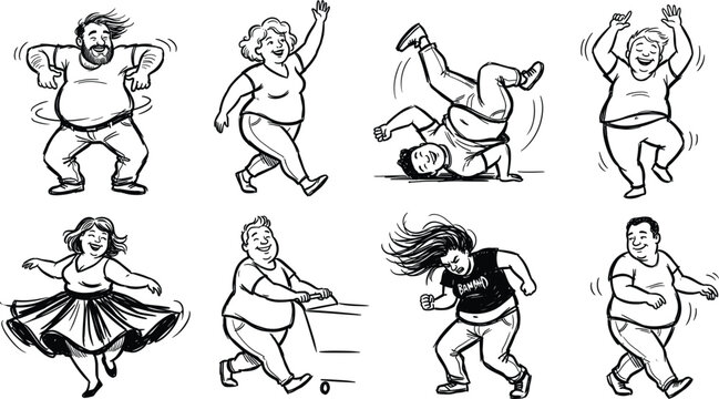 Hand Drawn Energetic Dancing Character Vector Set Featuring Plus Size People Moving Joyfully, Breakdancing, Headbanging, and Celebrating with Active Fun Movements
