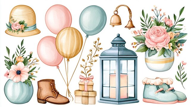 Watercolor Baby Shower Decorations with Cute Pastel Elements Isolated on White Background