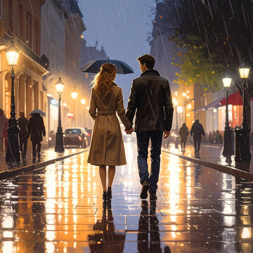 Couple walking in the rain under umbrella on city street at night
