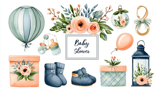 Watercolor Baby Shower Decorations with Cute Pastel Elements Isolated on White Background