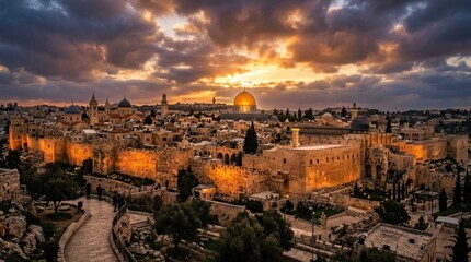 Naklejka premium Sunset view over the old city of jerusalem with temple mount and western wall jerusalem historic heritage