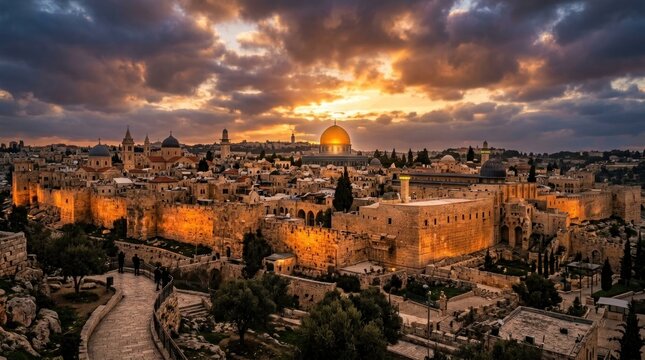 Sunset view over the old city of jerusalem with temple mount and western wall jerusalem historic heritage