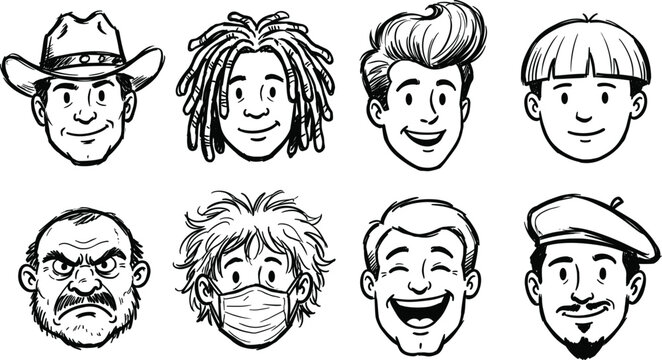 Hand Drawn Male Character Face Collection Featuring Diverse Hair Trends Cowboy Stetson Dreadlocks Pompadour Bowl Cut Surgical Mask and Classic Beret Hat Outlines