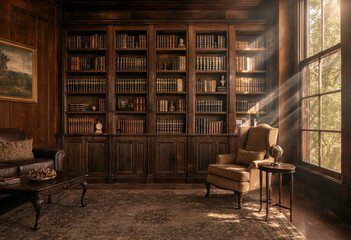 Fototapeta premium Antique library with sunbeams illuminating bookshelves and armchair for study and knowledge