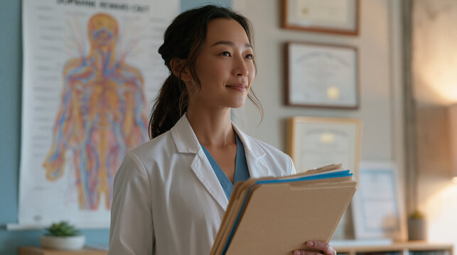 Addiction medicine clinician examines a large anatomical wall poster illustrating the dopamine reward circuit, clinical folders in hand, patient consultation room with framed