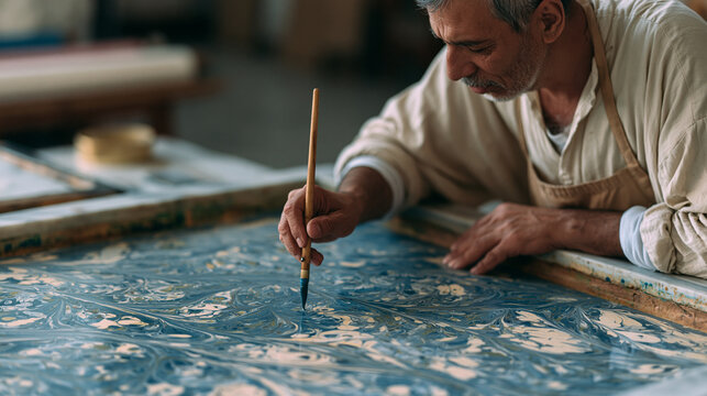 Turkish marbling master drawing stylized hyacinth pattern through pigment floating on water surface ebru art studio Istanbul heritage craft cultural preservation workshop