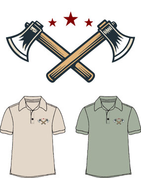 Crossed Axes Vintage Emblem Vector, Lumberjack Hatchet Logo for Polo Shirt Chest Print, Woodcutter Throwing Axe Graphic Design and Apparel Mockup