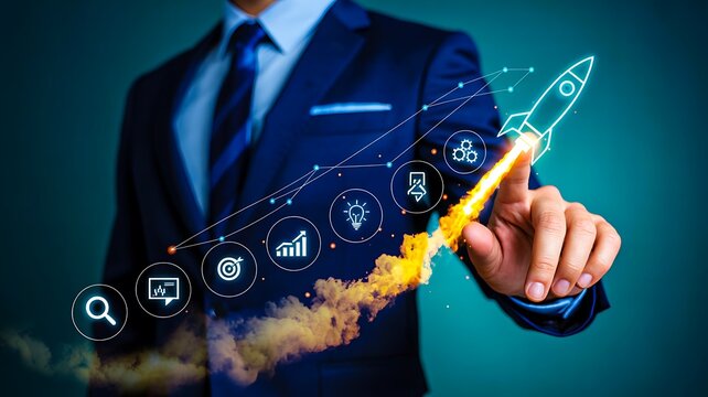 Business startup growth concept with rocket launch representing innovation success and strategic development