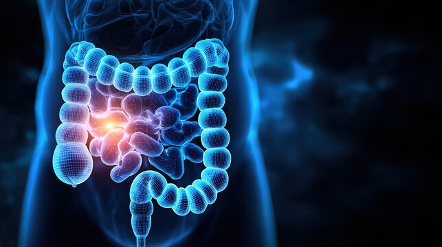 Detailed medical illustration of colorectal cancer, showing tumor growth in colon and rectum, digestive system disorder, malignant cells development, human intestinal anatomy, pathology visualization 