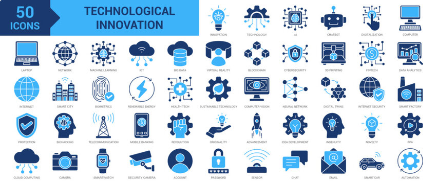 Technological Innovation icon set. Containing AI, machine learning, cybersecurity, cloud computing, blockchain, big data, data analytics, IoT, fintech, and automation. Solid vector icons