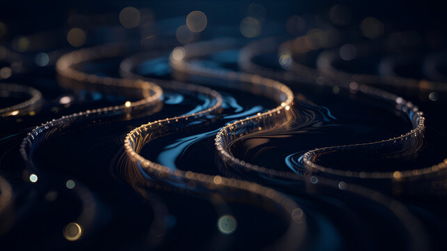 Abstract glowing threads flowing in liquid with bokeh lights representing technology and data streams