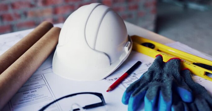Blueprint, architecture and helmet on construction site for planning, PPE or building safety. Empty, documents or paperwork with floor layout, tools or hard hat for civil engineering or security